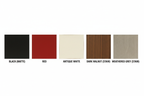 Color swatch chart showing Black Matte, Red, Antique White, Dark Walnut stain, and Weathered Grey stain