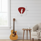 Red guitar neck properly proportioned on white shiplap
