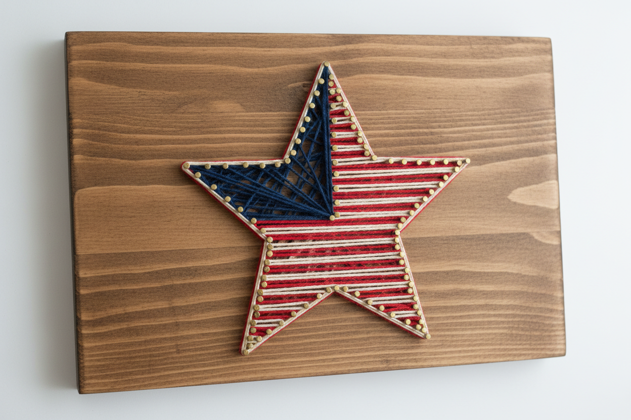 Simple Patriotic Star String Art on Rectangular Board
