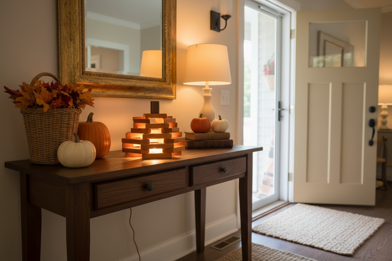 Wooden pumpkin lantern on entryway console table