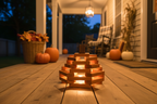 Wooden pumpkin lantern on front porch
