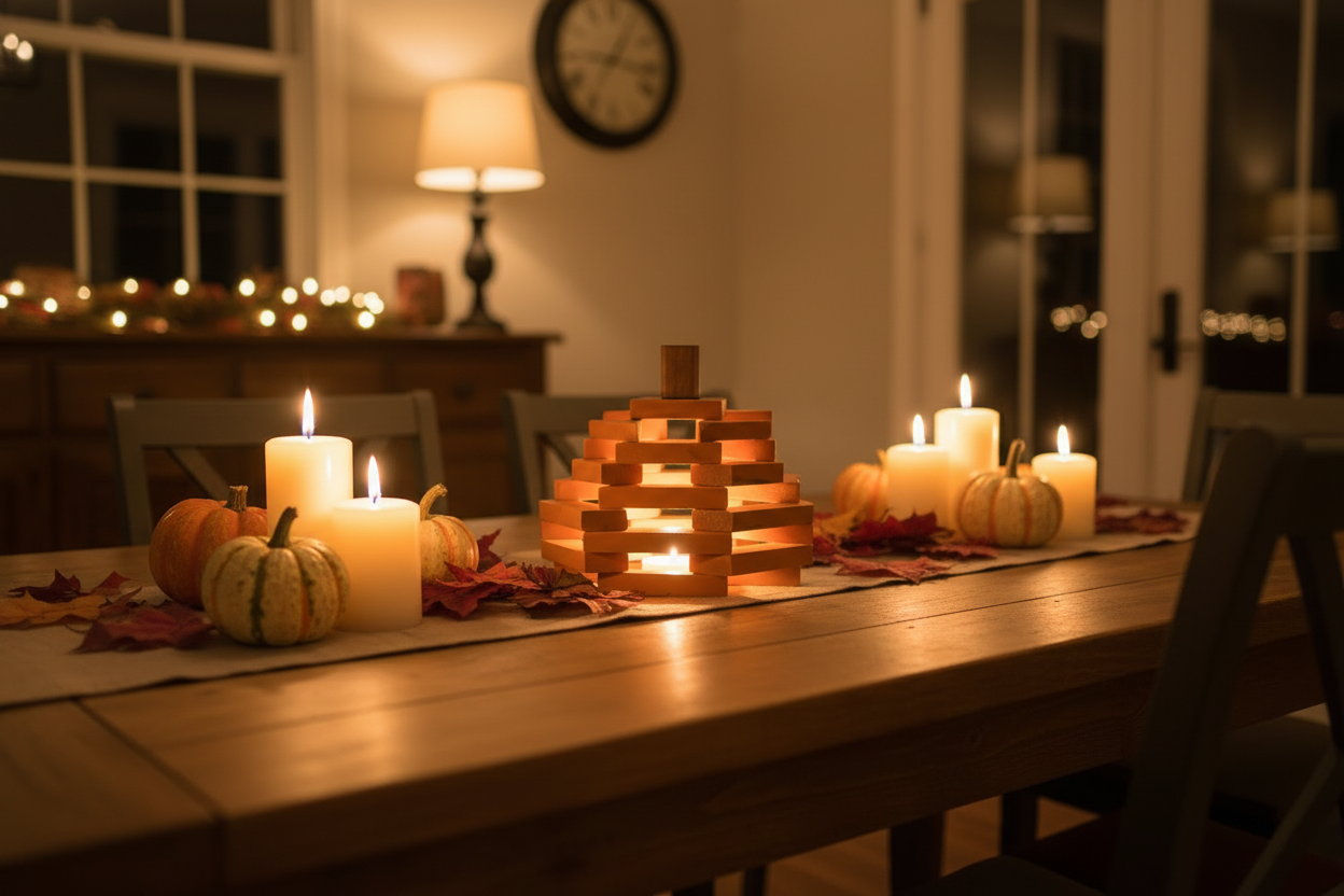Wooden pumpkin lantern on rustic farmhouse dining table